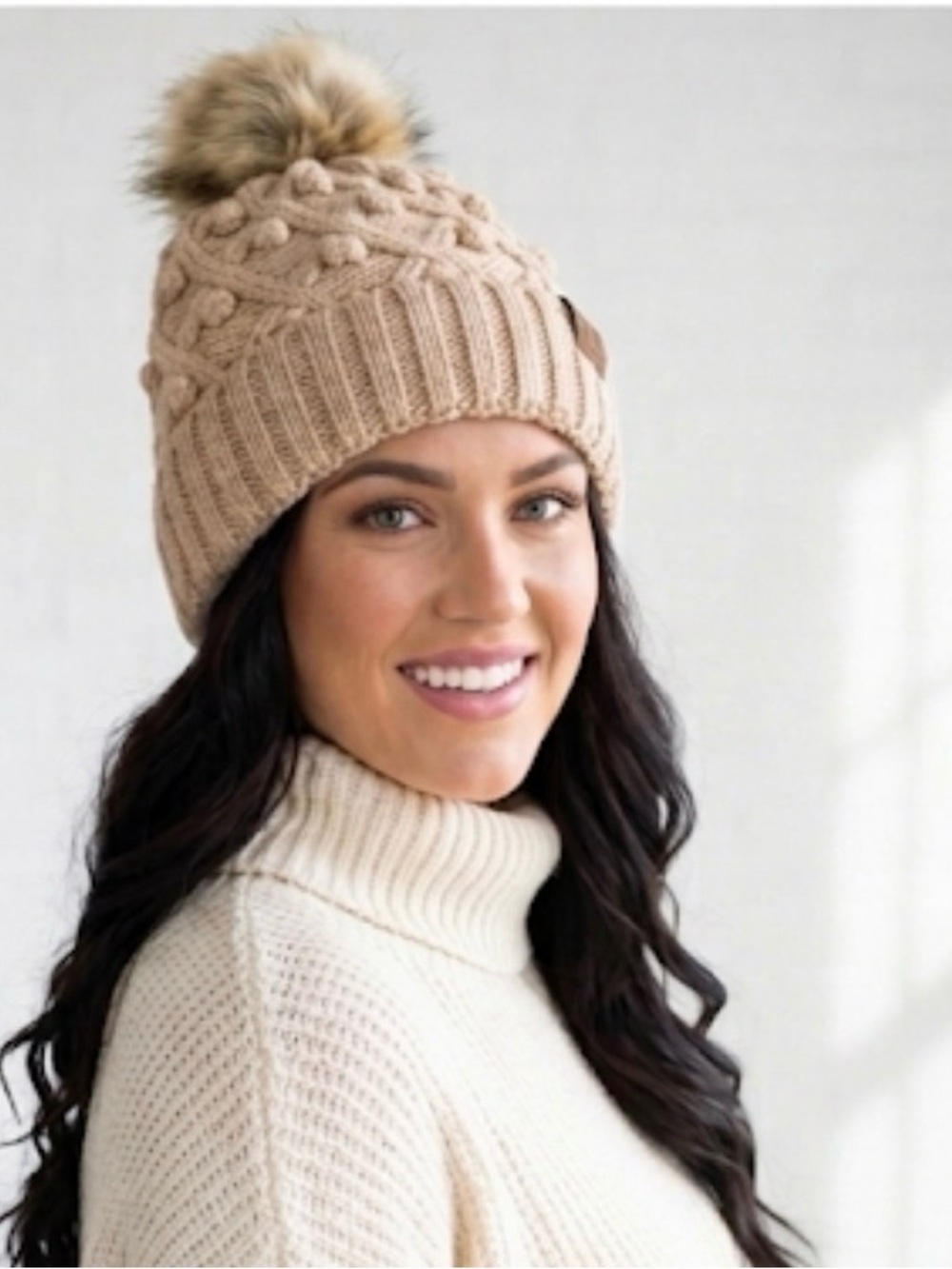 C.C Women's Tan Knit Pom Pom Hat